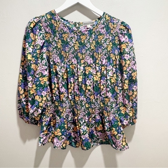 Pleione Tops - PLEIONE Women’s Green Floral Smocked Waist Peplum 3/4 Sleeve Blouse Size Medium